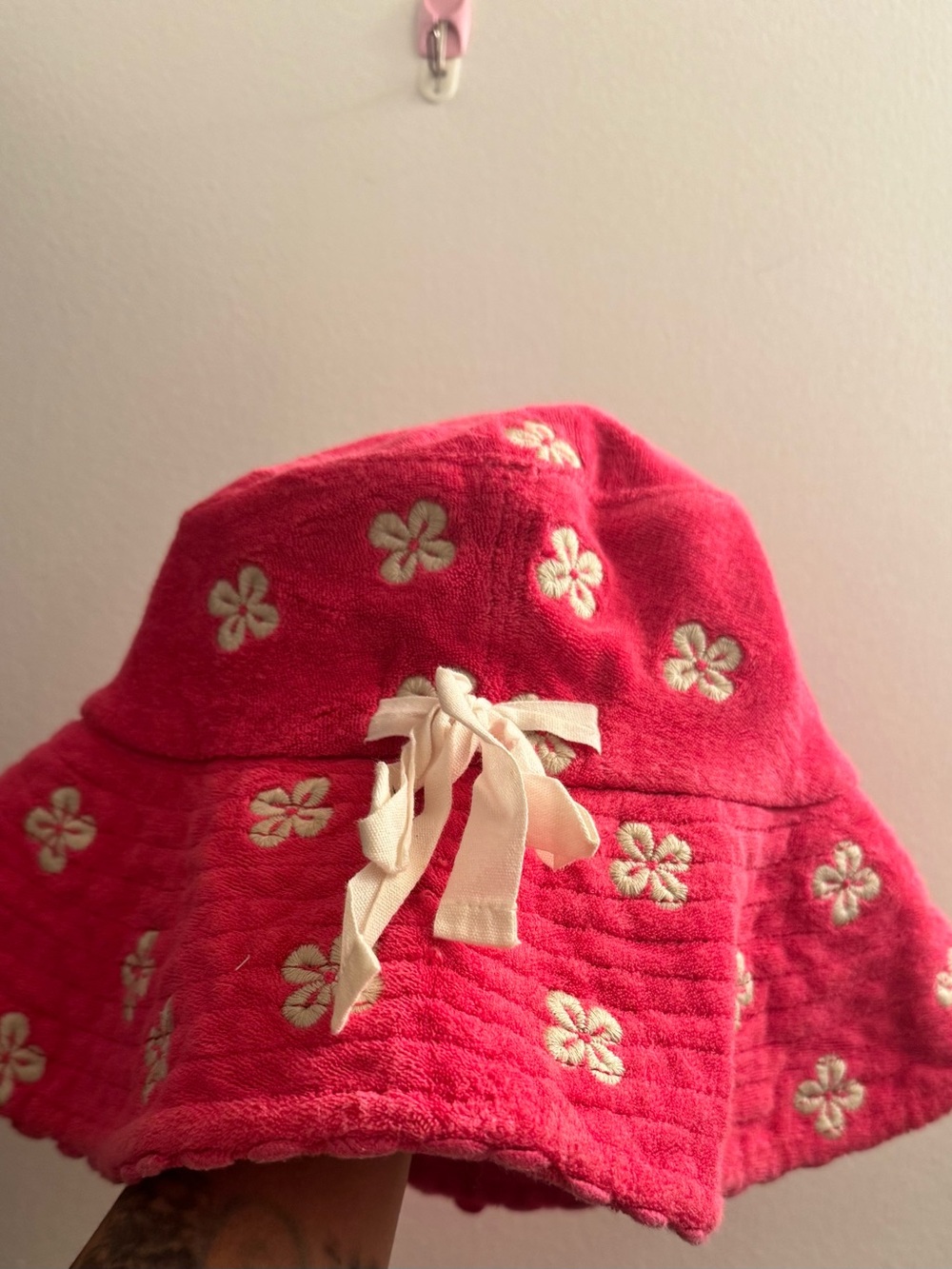 Juicy Couture Pink Floral Embroidered Bucket Hat with Cream Bow